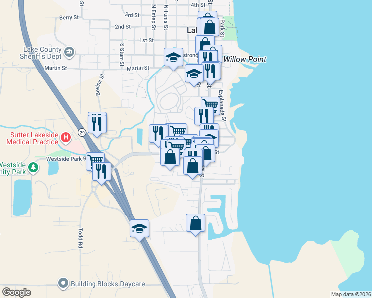 map of restaurants, bars, coffee shops, grocery stores, and more near 302 Lakeport Boulevard in Lakeport