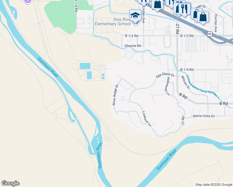 map of restaurants, bars, coffee shops, grocery stores, and more near 196 River Ridge Drive in Grand Junction