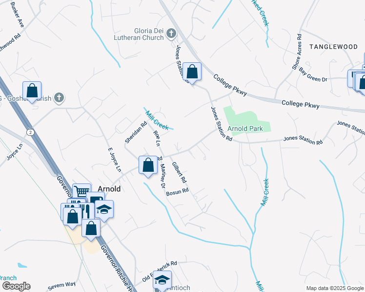 map of restaurants, bars, coffee shops, grocery stores, and more near 1378 Carpenter Court in Arnold