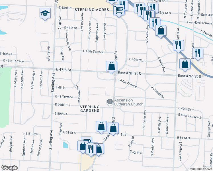 map of restaurants, bars, coffee shops, grocery stores, and more near 4805 Moats Drive in Kansas City