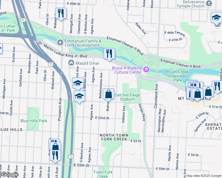 map of restaurants, bars, coffee shops, grocery stores, and more near 5022 Walrond Avenue in Kansas City