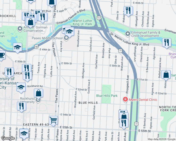 map of restaurants, bars, coffee shops, grocery stores, and more near 5037 Euclid Avenue in Kansas City