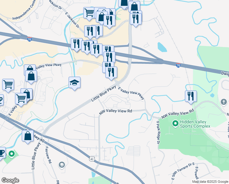 map of restaurants, bars, coffee shops, grocery stores, and more near 4223 Little Blue Parkway in Blue Springs