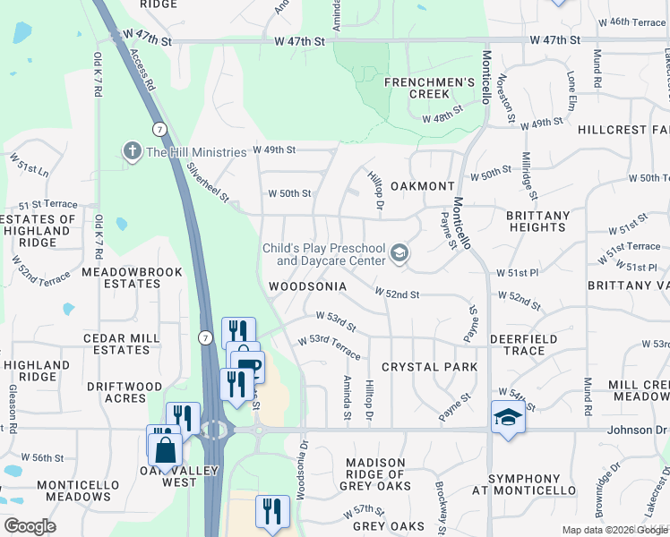 map of restaurants, bars, coffee shops, grocery stores, and more near 22514 West 52nd Terrace in Shawnee