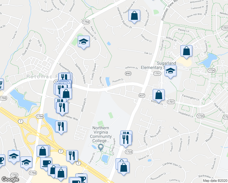 map of restaurants, bars, coffee shops, grocery stores, and more near 20970 Promontory Square in Sterling