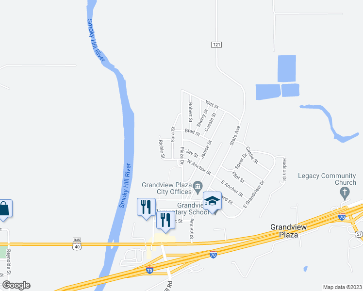 map of restaurants, bars, coffee shops, grocery stores, and more near 613 Plaza Drive in Junction City