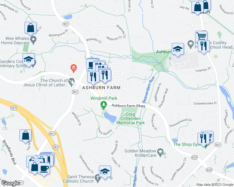 map of restaurants, bars, coffee shops, grocery stores, and more near 21014 Timber Ridge Terrace in Ashburn
