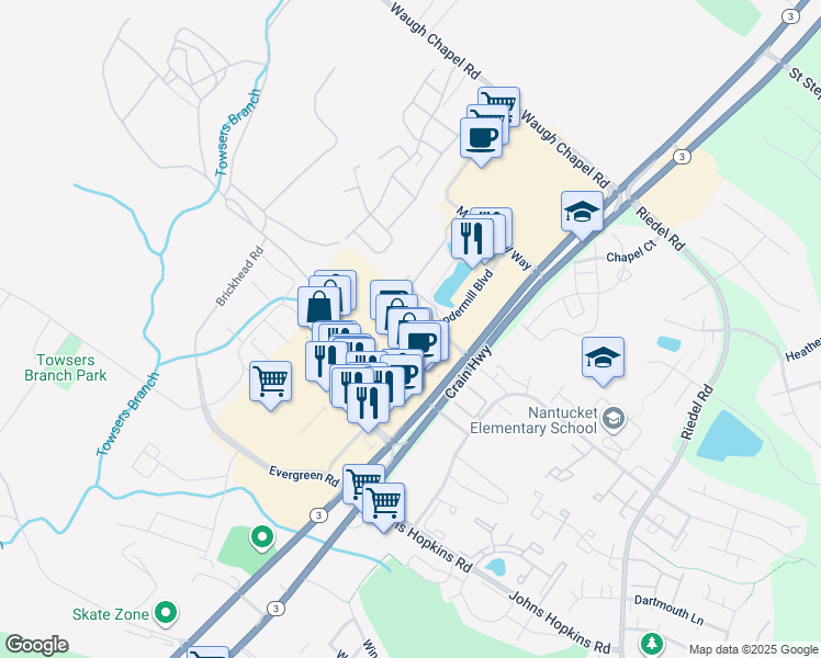 map of restaurants, bars, coffee shops, grocery stores, and more near 1332 Chapel Centre Drive in Gambrills