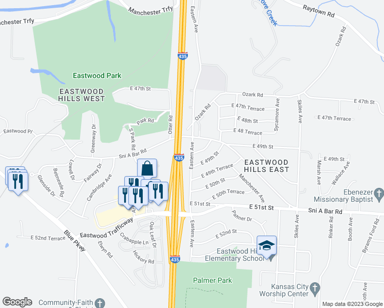 map of restaurants, bars, coffee shops, grocery stores, and more near Eastern Avenue in Kansas City
