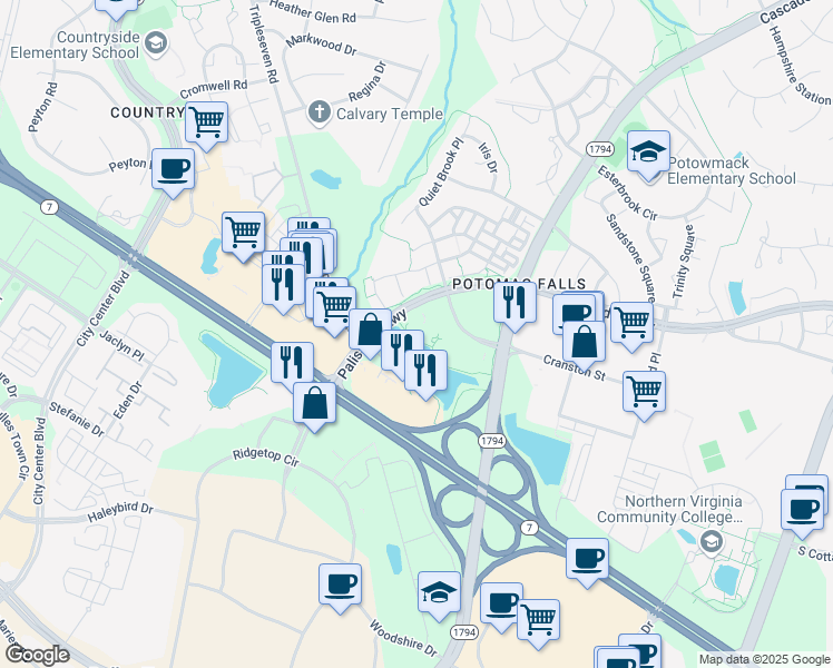 map of restaurants, bars, coffee shops, grocery stores, and more near 46165 Westlake Drive in Sterling