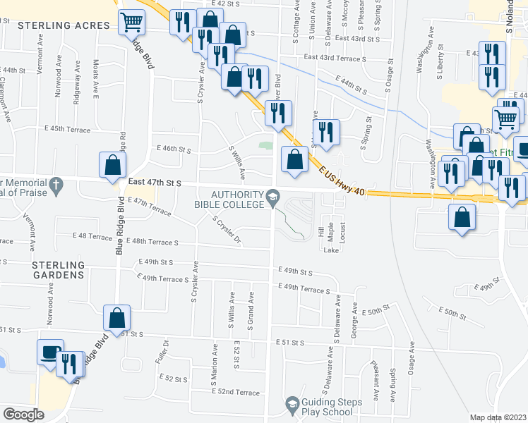 map of restaurants, bars, coffee shops, grocery stores, and more near 12309 East 47 Terrace South in Independence