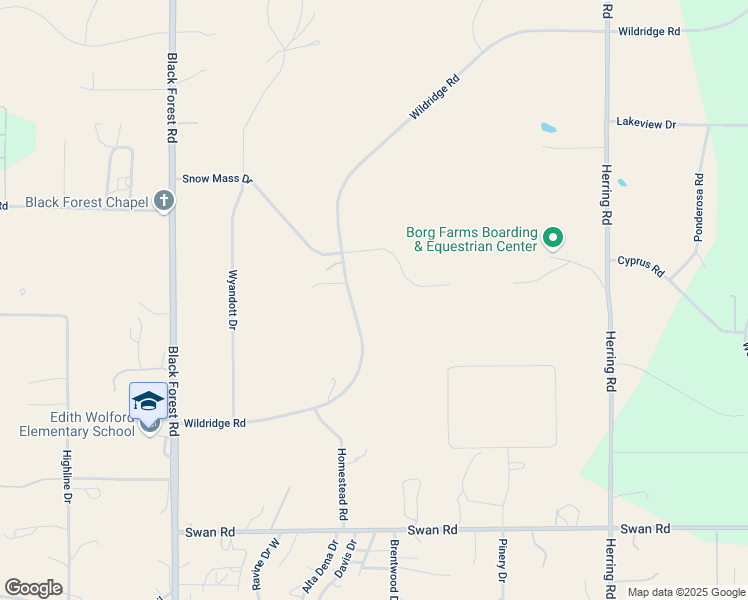 map of restaurants, bars, coffee shops, grocery stores, and more near 7115 Wildridge Road in Colorado Springs