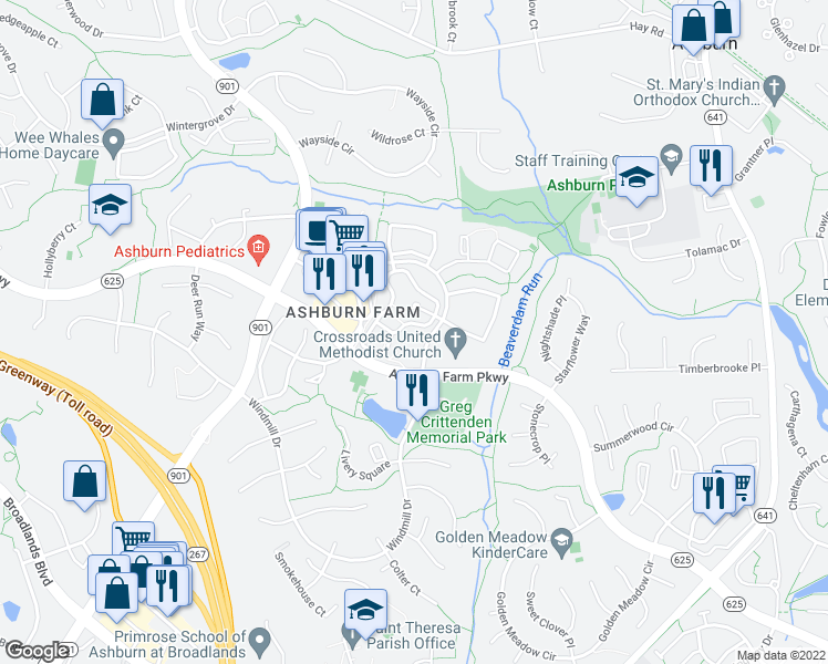 map of restaurants, bars, coffee shops, grocery stores, and more near 21012 Timber Ridge Terrace in Ashburn