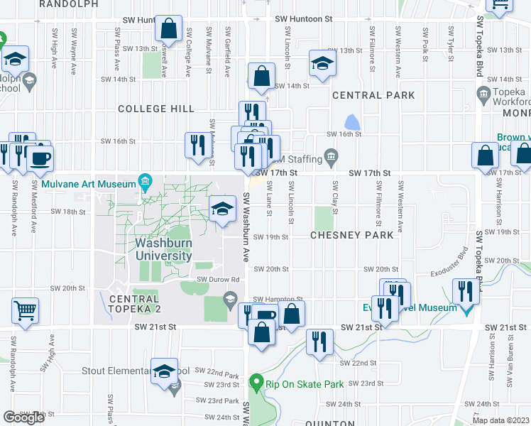map of restaurants, bars, coffee shops, grocery stores, and more near 1807 Southwest Lane Street in Topeka