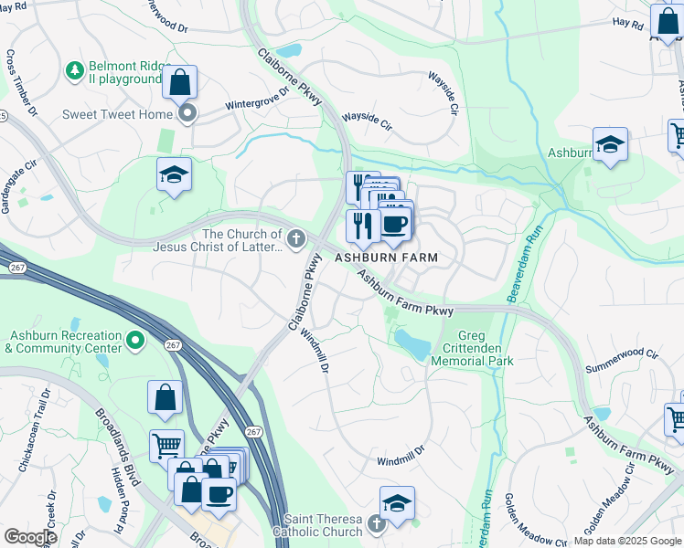 map of restaurants, bars, coffee shops, grocery stores, and more near 21017 Coach House Square in Ashburn