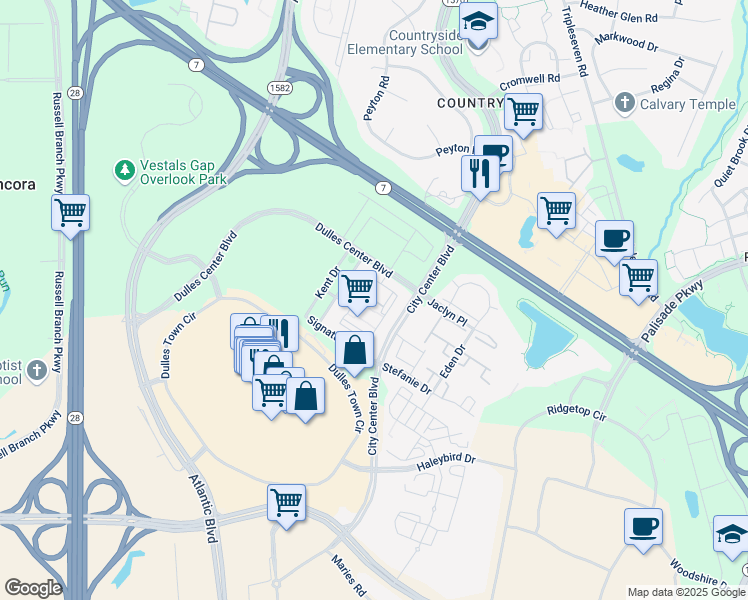 map of restaurants, bars, coffee shops, grocery stores, and more near Stanford Square in Sterling