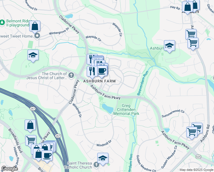map of restaurants, bars, coffee shops, grocery stores, and more near 21009 Timber Ridge Terrace in Ashburn