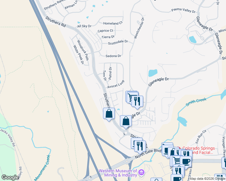 map of restaurants, bars, coffee shops, grocery stores, and more near 13940 Paradise Villas Grove in Colorado Springs