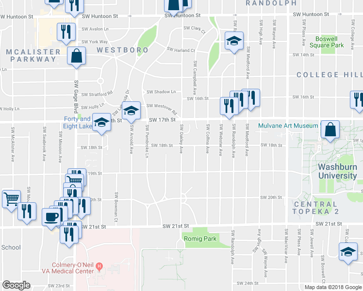 map of restaurants, bars, coffee shops, grocery stores, and more near 1799 Southwest Oakley Avenue in Topeka