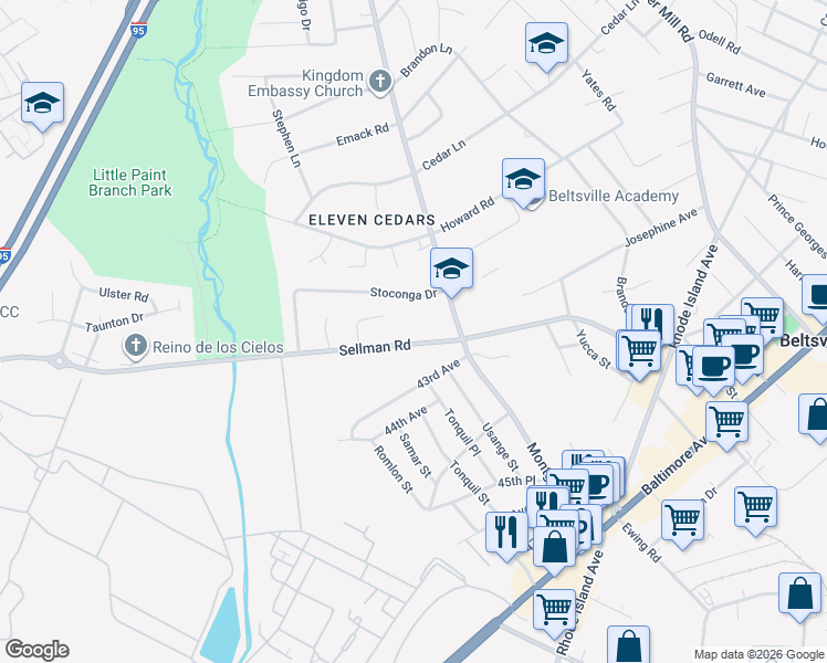 map of restaurants, bars, coffee shops, grocery stores, and more near 4210 Sellman Road in Beltsville
