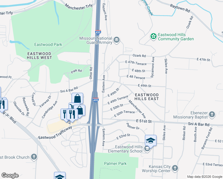 map of restaurants, bars, coffee shops, grocery stores, and more near 7404 East 49 Street in Kansas City