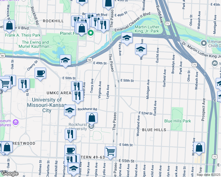 map of restaurants, bars, coffee shops, grocery stores, and more near 5046 Lydia Avenue in Kansas City