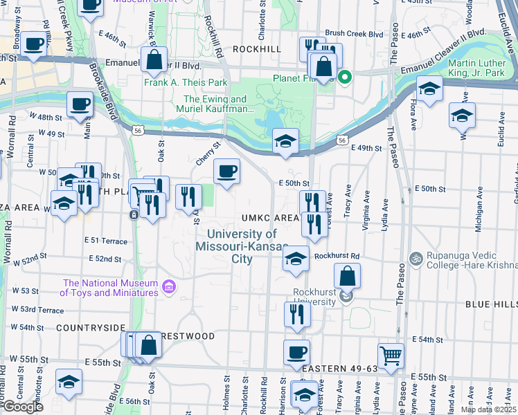 map of restaurants, bars, coffee shops, grocery stores, and more near 5110 Rockhill Road in Kansas City