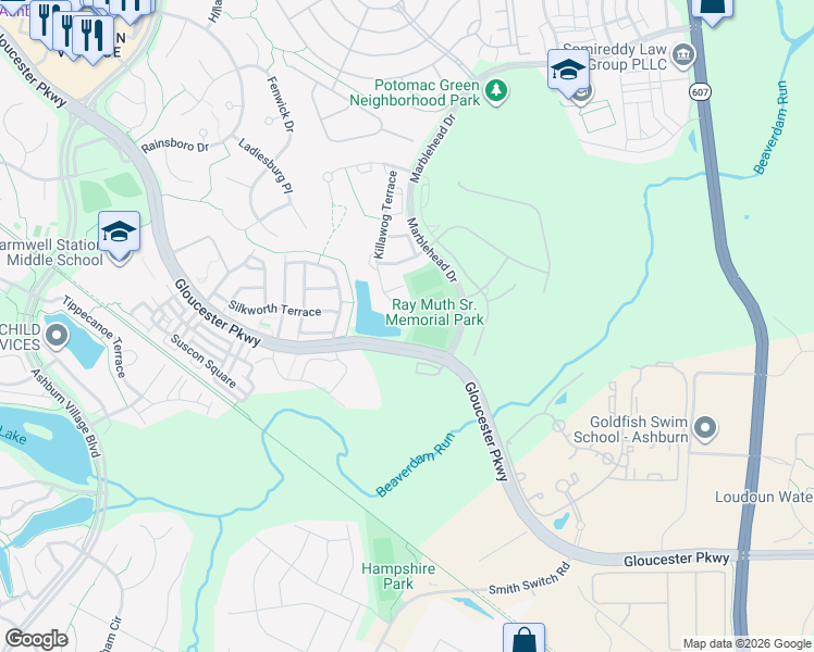 map of restaurants, bars, coffee shops, grocery stores, and more near 20991 Killawog Terrace in Ashburn