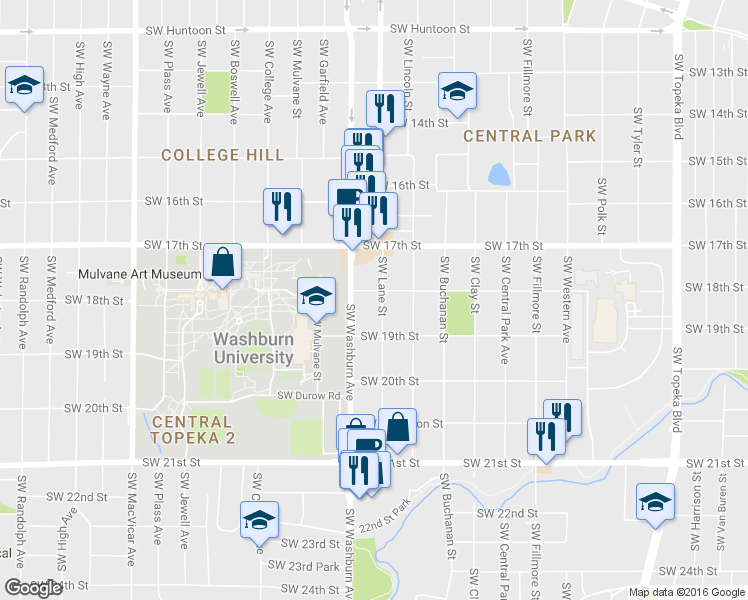 map of restaurants, bars, coffee shops, grocery stores, and more near 1807 Southwest Lane Street in Topeka