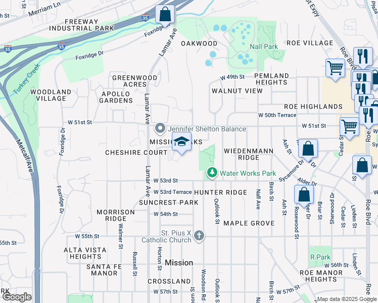 map of restaurants, bars, coffee shops, grocery stores, and more near 6001 West 52nd Street in Mission