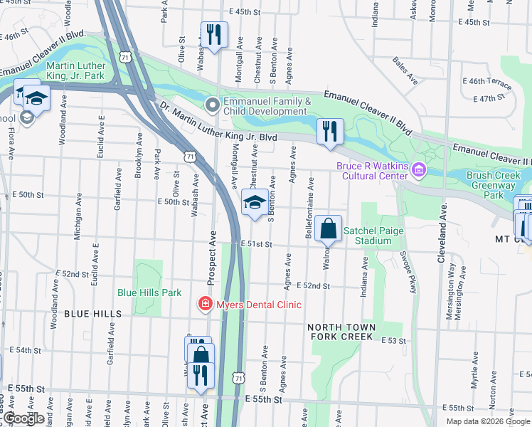 map of restaurants, bars, coffee shops, grocery stores, and more near 5023 South Benton Avenue in Kansas City