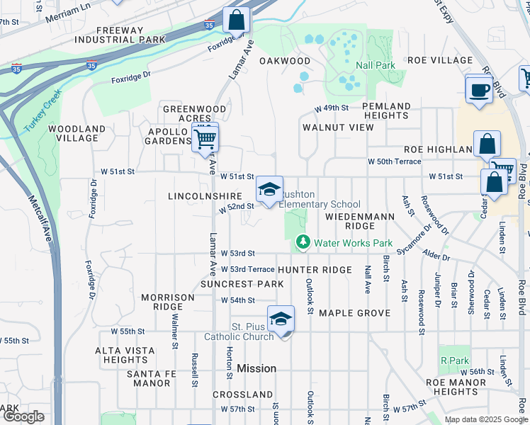 map of restaurants, bars, coffee shops, grocery stores, and more near 6001 West 52nd Street in Mission