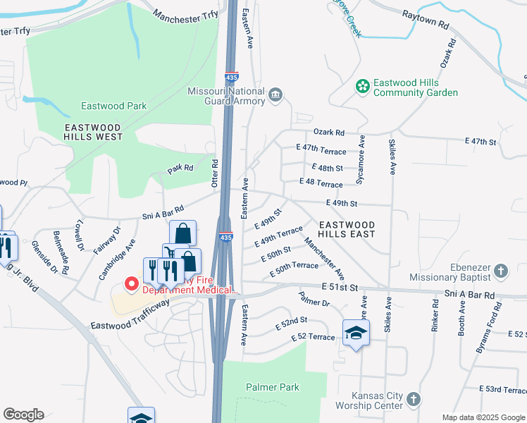 map of restaurants, bars, coffee shops, grocery stores, and more near 7404 East 49 Street in Kansas City