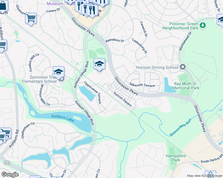 map of restaurants, bars, coffee shops, grocery stores, and more near 44198 Suscon Square in Ashburn