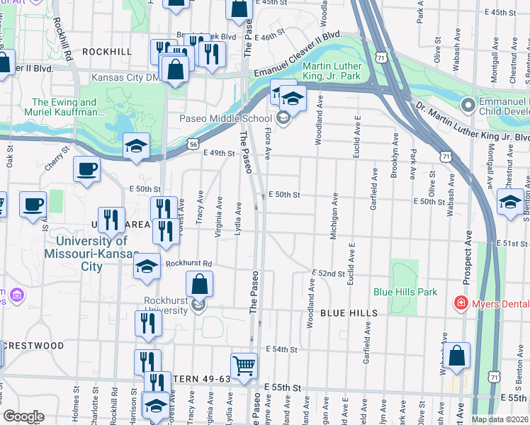 map of restaurants, bars, coffee shops, grocery stores, and more near Paseo Blvd & E 50th Terrace in Kansas City