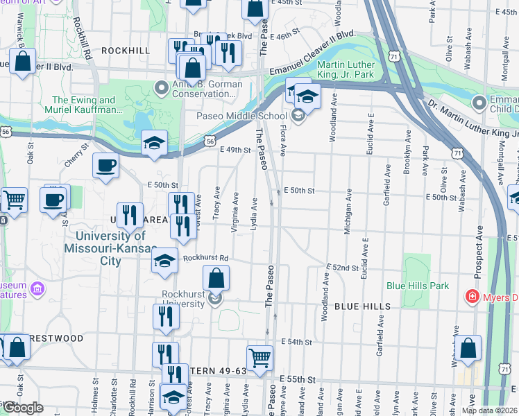 map of restaurants, bars, coffee shops, grocery stores, and more near 5046 Lydia Avenue in Kansas City