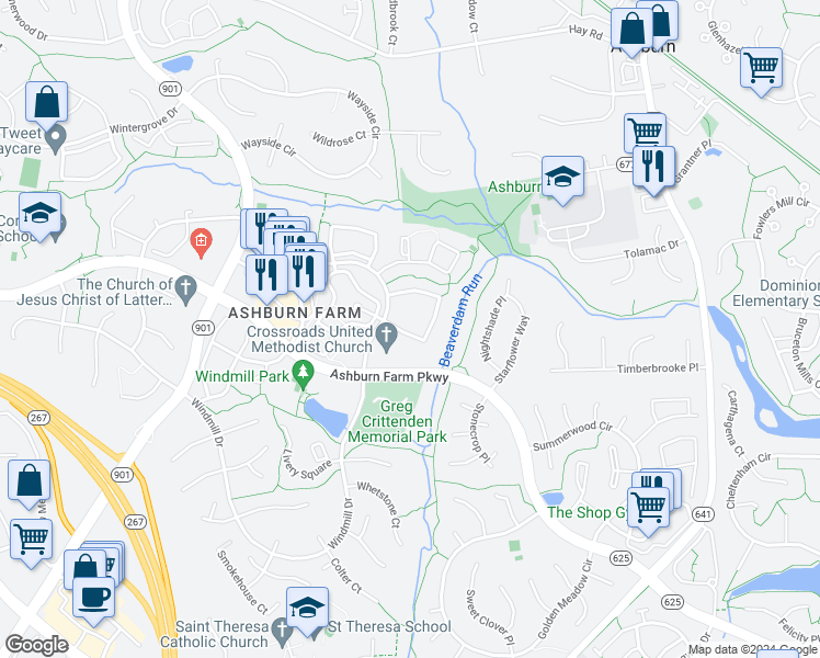 map of restaurants, bars, coffee shops, grocery stores, and more near 43597 Blacksmith Square in Ashburn