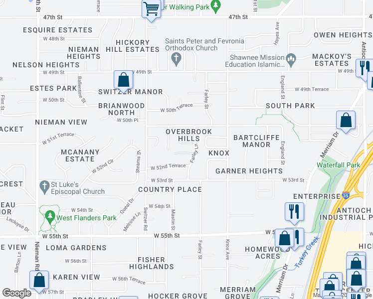 map of restaurants, bars, coffee shops, grocery stores, and more near 9928 West 52nd Street in Shawnee