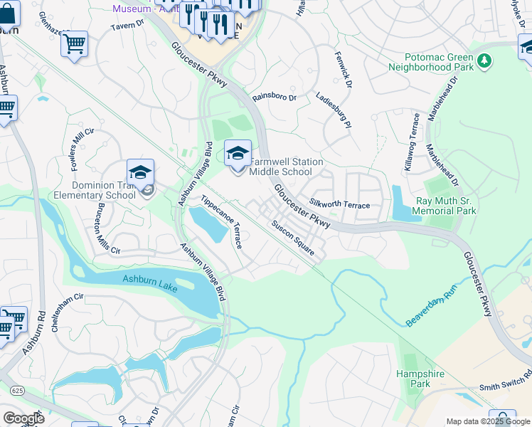 map of restaurants, bars, coffee shops, grocery stores, and more near 44196 Suscon Square in Ashburn