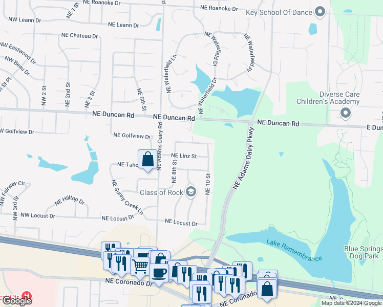 map of restaurants, bars, coffee shops, grocery stores, and more near 821 Northeast Linz Street in Blue Springs