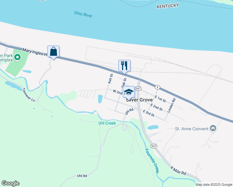 map of restaurants, bars, coffee shops, grocery stores, and more near 308 Oak Street in Silver Grove
