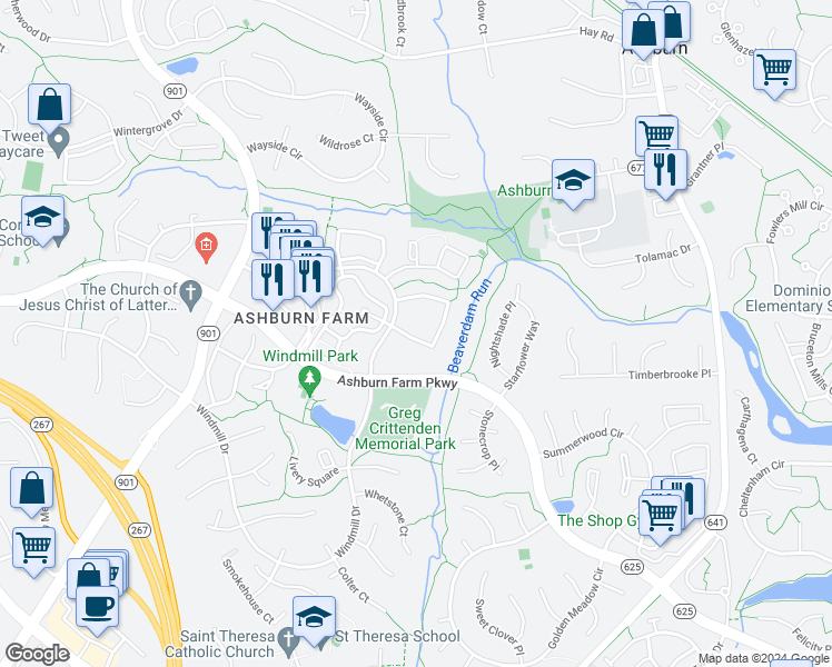 map of restaurants, bars, coffee shops, grocery stores, and more near 43599 Blacksmith Square in Ashburn