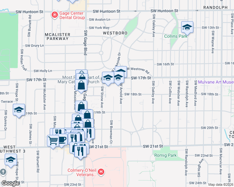 map of restaurants, bars, coffee shops, grocery stores, and more near 1725 Southwest Arnold Avenue in Topeka