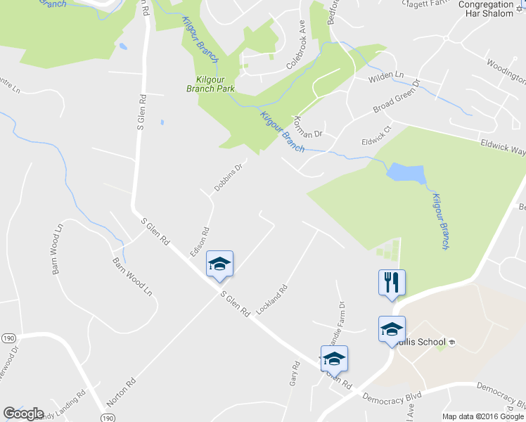 map of restaurants, bars, coffee shops, grocery stores, and more near 10701 South Glen Road in Potomac