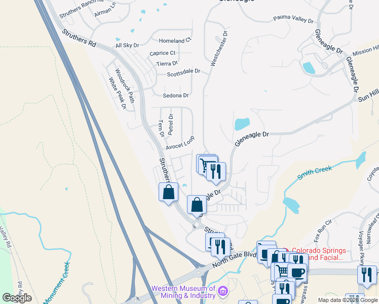 map of restaurants, bars, coffee shops, grocery stores, and more near 355 Mountain Brush Heights in Colorado Springs