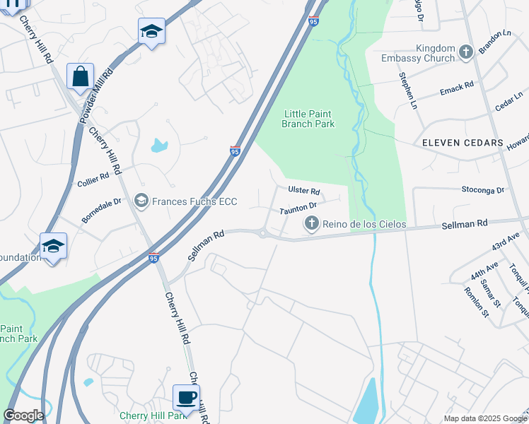 map of restaurants, bars, coffee shops, grocery stores, and more near 4105 Taunton Drive in Beltsville