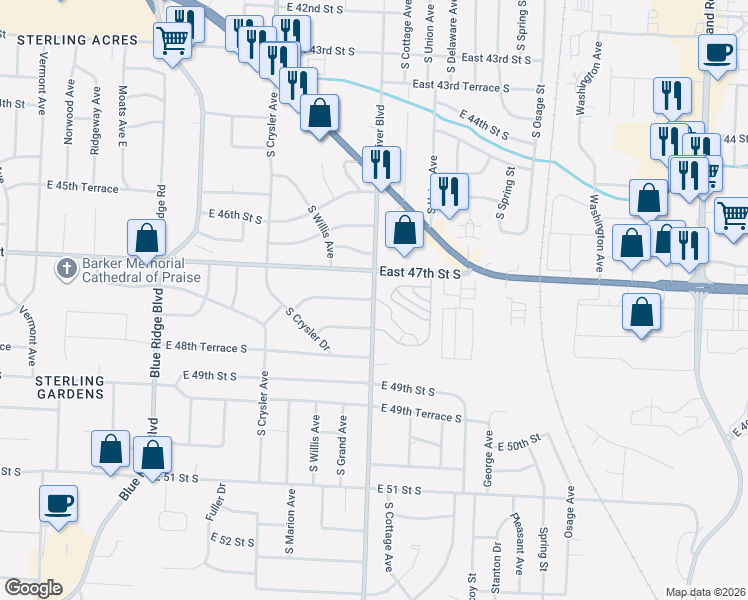 map of restaurants, bars, coffee shops, grocery stores, and more near 12706 East 48th Street South in Independence