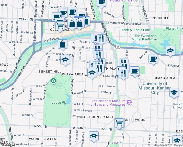 map of restaurants, bars, coffee shops, grocery stores, and more near 5108 Baltimore Avenue in Kansas City