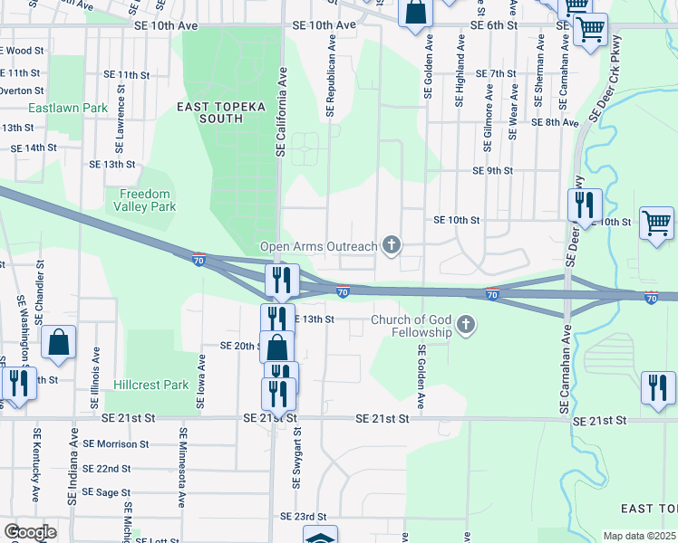 map of restaurants, bars, coffee shops, grocery stores, and more near 1231 Southeast Long Street in Topeka