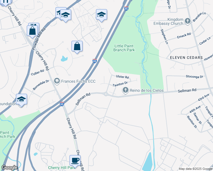 map of restaurants, bars, coffee shops, grocery stores, and more near 4105 Taunton Drive in Beltsville
